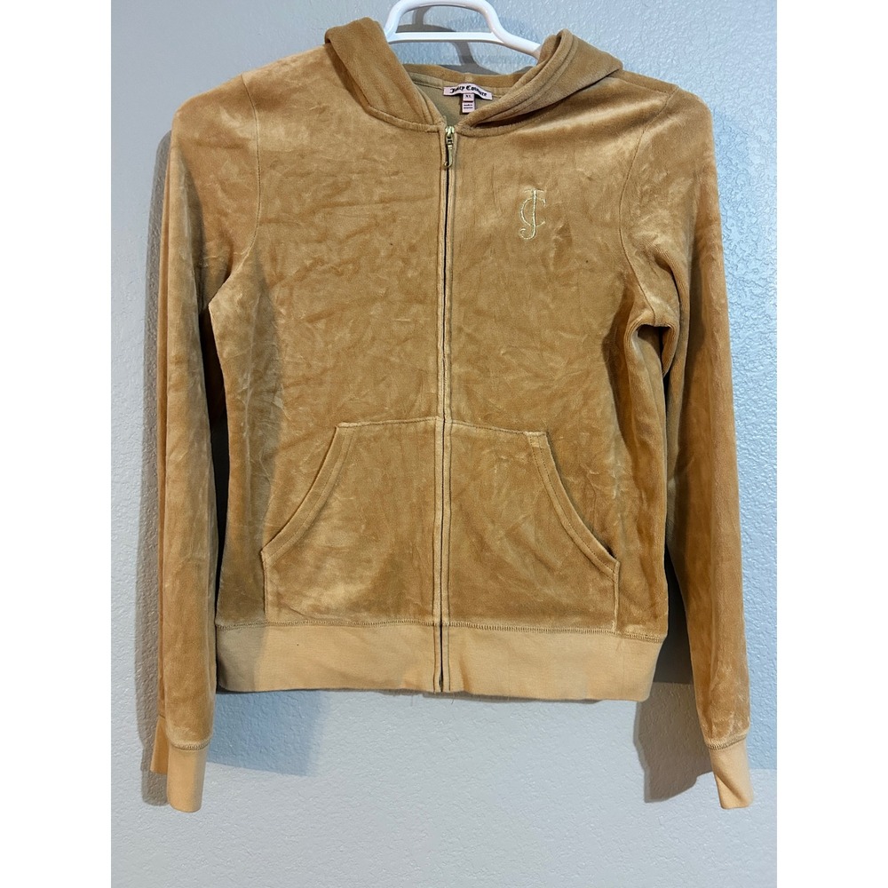 Juicy Couture Velour Zip Up Hoodie Tan Camel Gold J Pull XL Made in USA